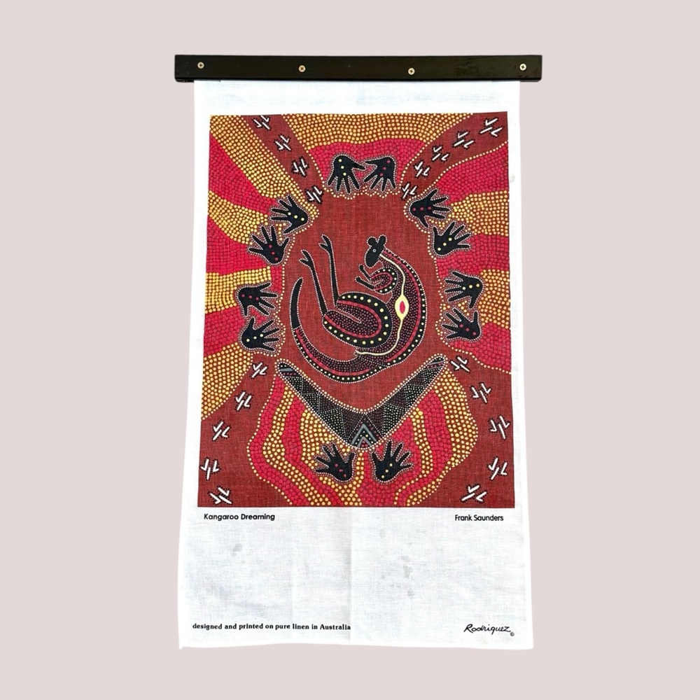 Vintage Linen Kangaroo Dreaming Tea Towel Aboriginal Wall Art by Kevin Saunders